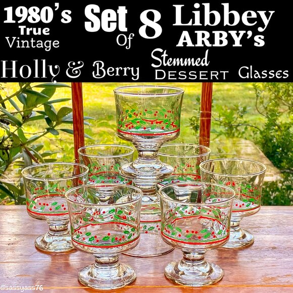 🆕VTG▪️LIBBEY▪️ARBY'S Set of 8 Holly & Berry Gold Trim Stemmed Dessert Glasses - Picture 1 of 6